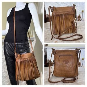 Roots The Hippie Tribe Leather Boho Tassel Braided Strap Vintage Crossbody Bag